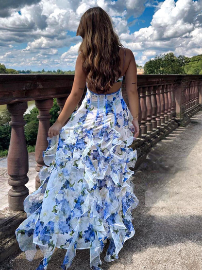 Women's Ruffled Floral Dress With Flowing Ruffles