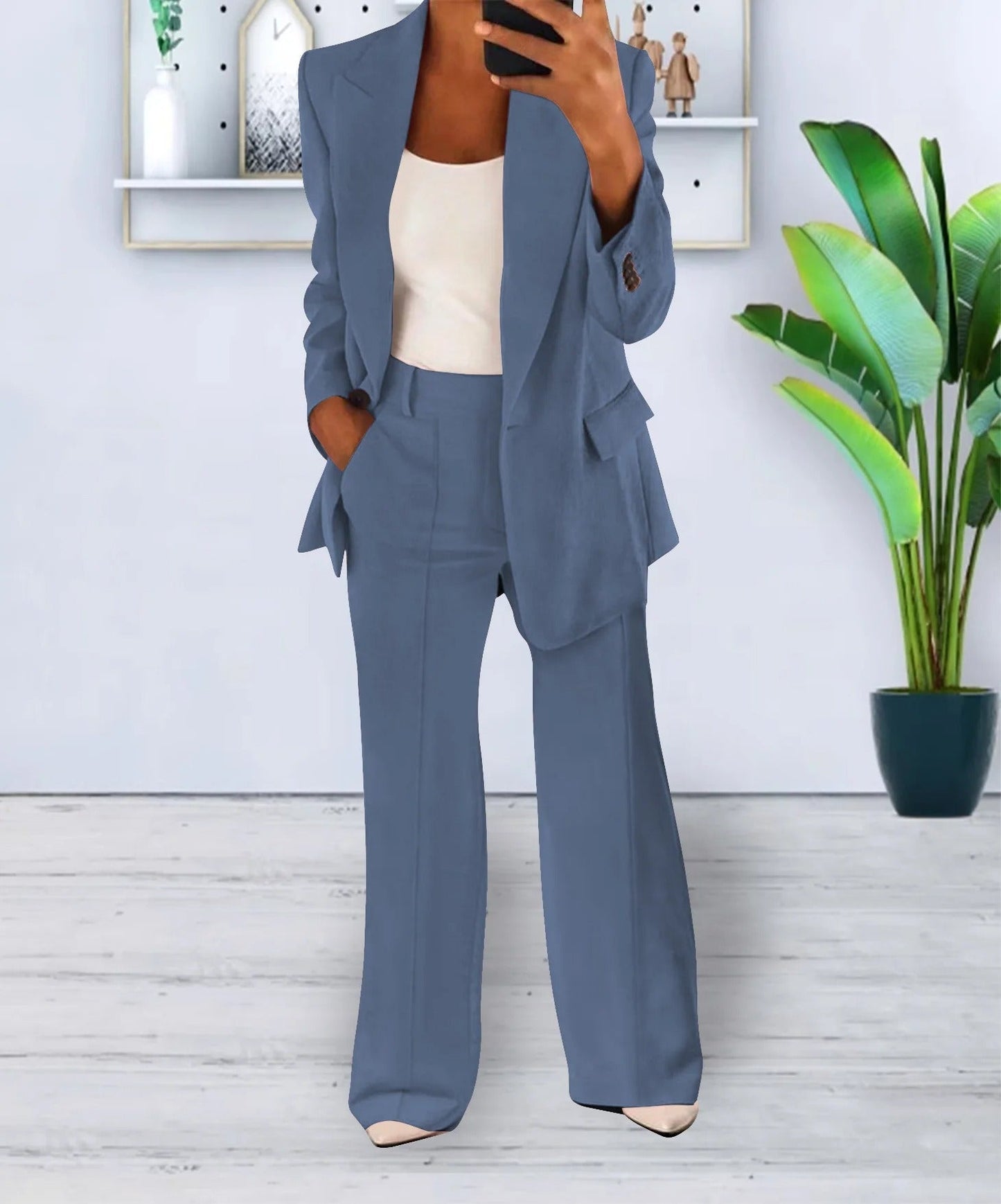 Women's Set Blazer and Wide Trousers Elegant Polyester