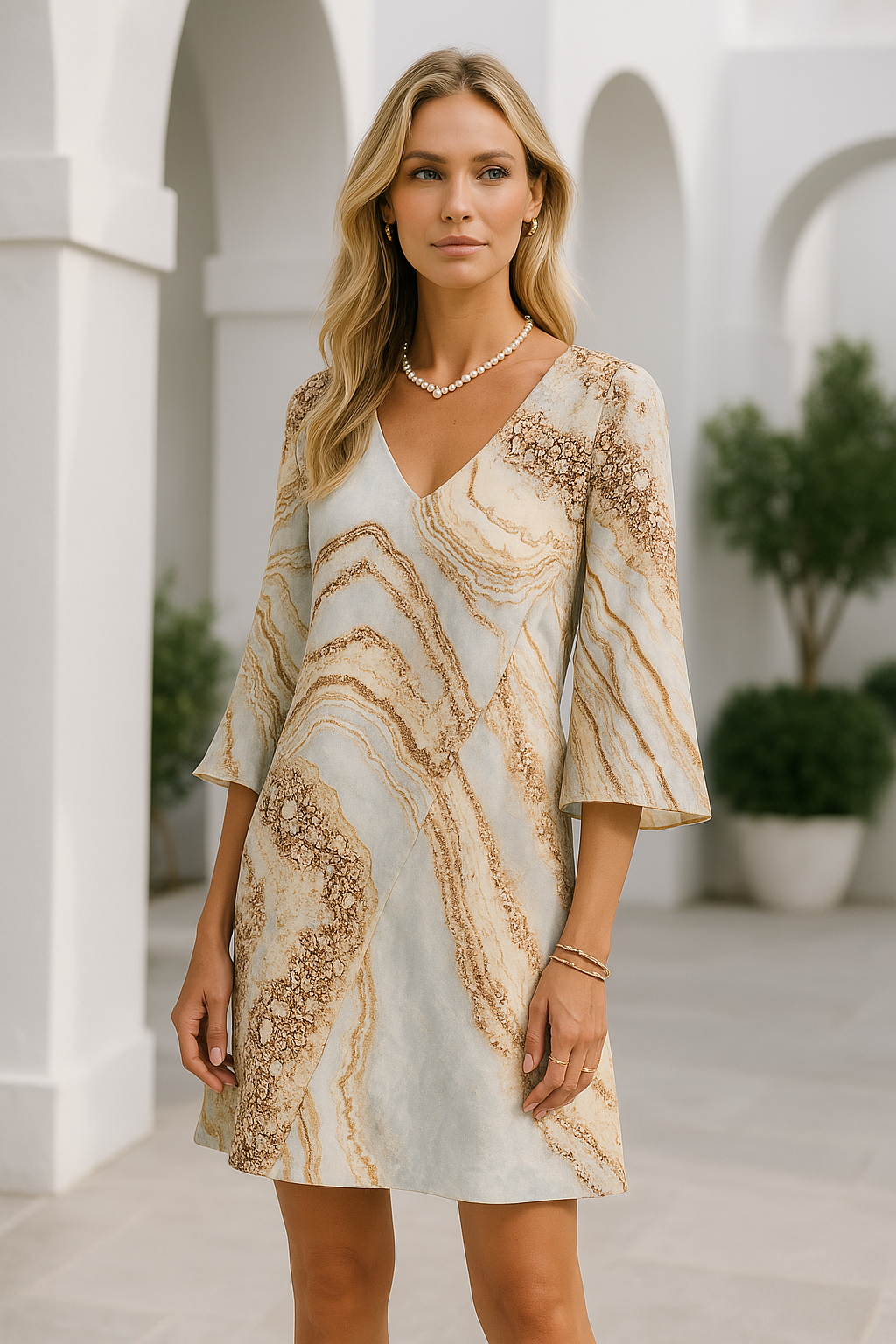 Women's Short Dress V-neck Marble Print