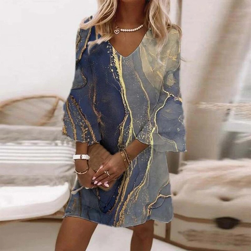 Women's Short Dress V-neck Marble Print