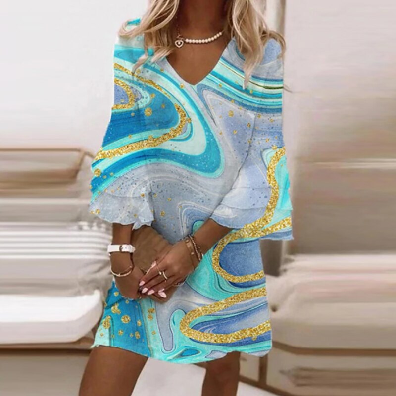 Women's Short Dress V-neck Marble Print