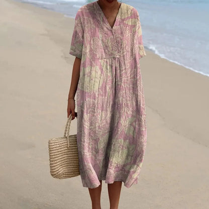 Women's Short-sleeved Floral Print Shirt Dress With Pocket