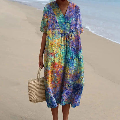 Women's Short-sleeved Floral Print Shirt Dress With Pocket
