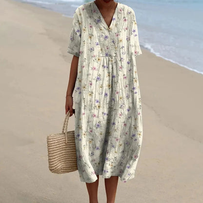 Women's Short-sleeved Floral Print Shirt Dress With Pocket