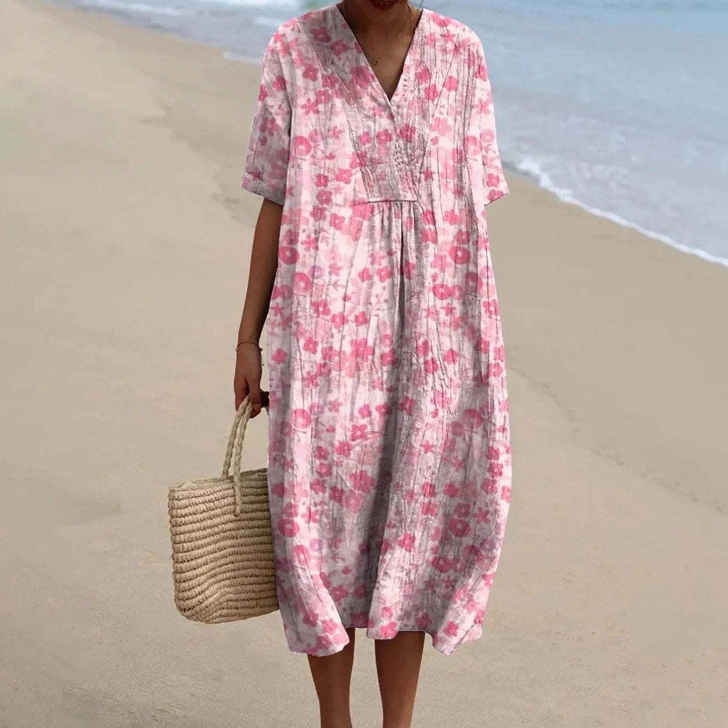 Women's Short-sleeved Floral Print Shirt Dress With Pocket
