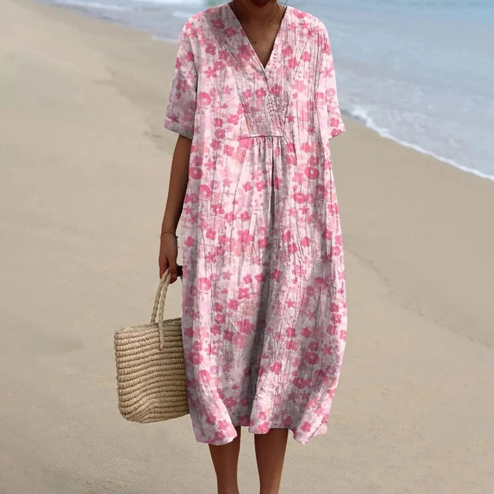 Women's Short-sleeved Floral Print Shirt Dress With Pocket