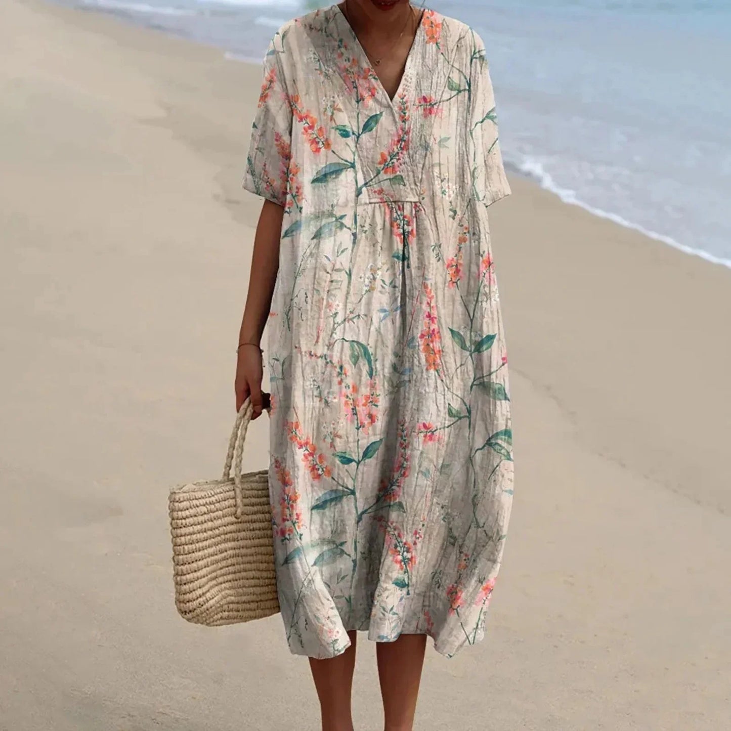 Women's Short-sleeved Floral Print Shirt Dress With Pocket