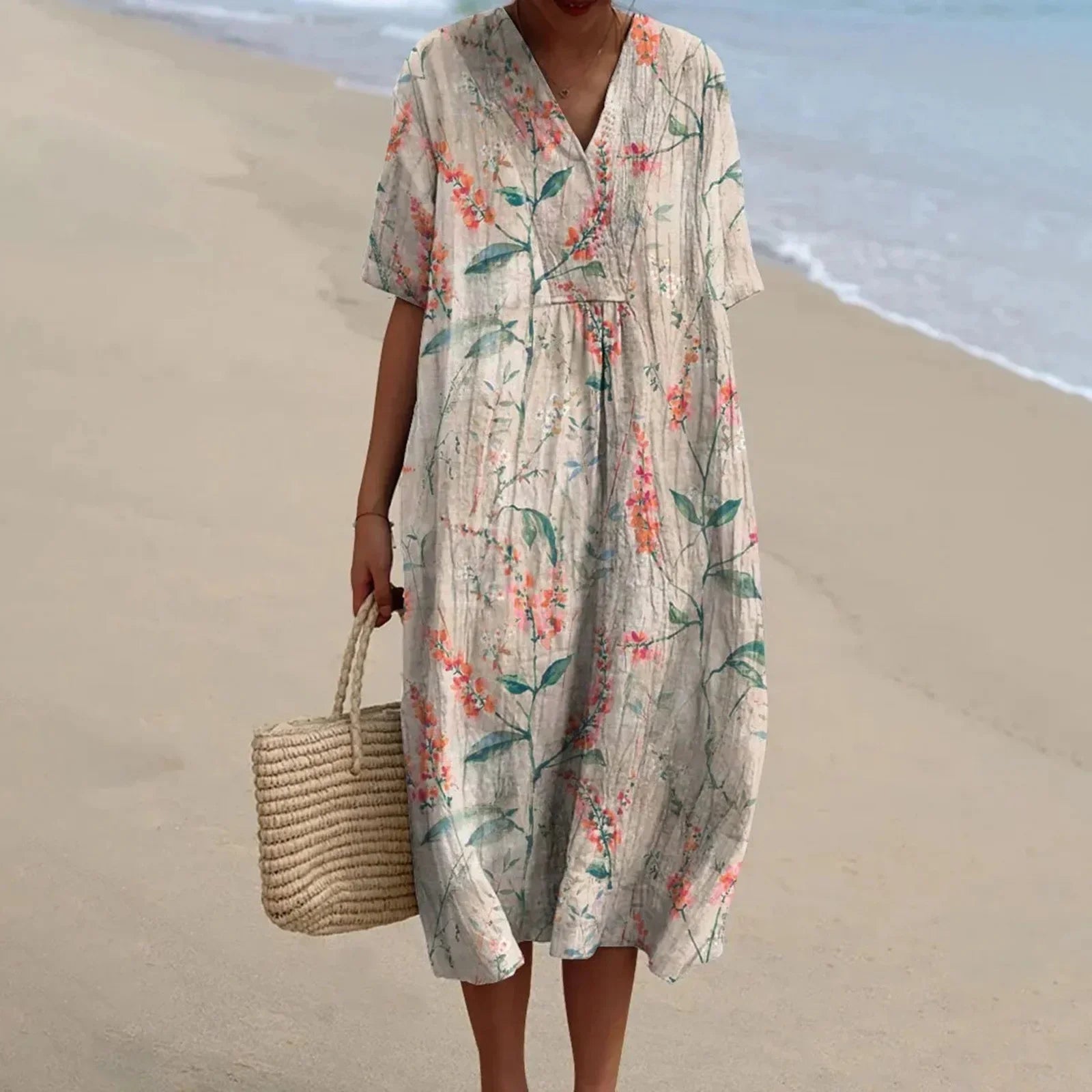 Women's Short-sleeved Floral Print Shirt Dress With Pocket