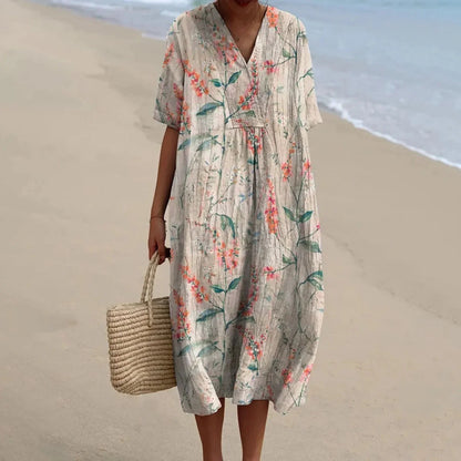 Women's Short-sleeved Floral Print Shirt Dress With Pocket