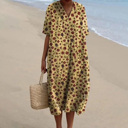 Women's Short-sleeved Floral Print Shirt Dress With Pocket