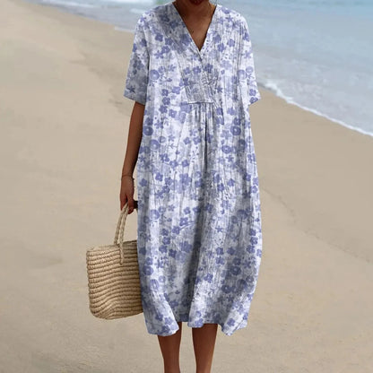 Women's Short-sleeved Floral Print Shirt Dress With Pocket