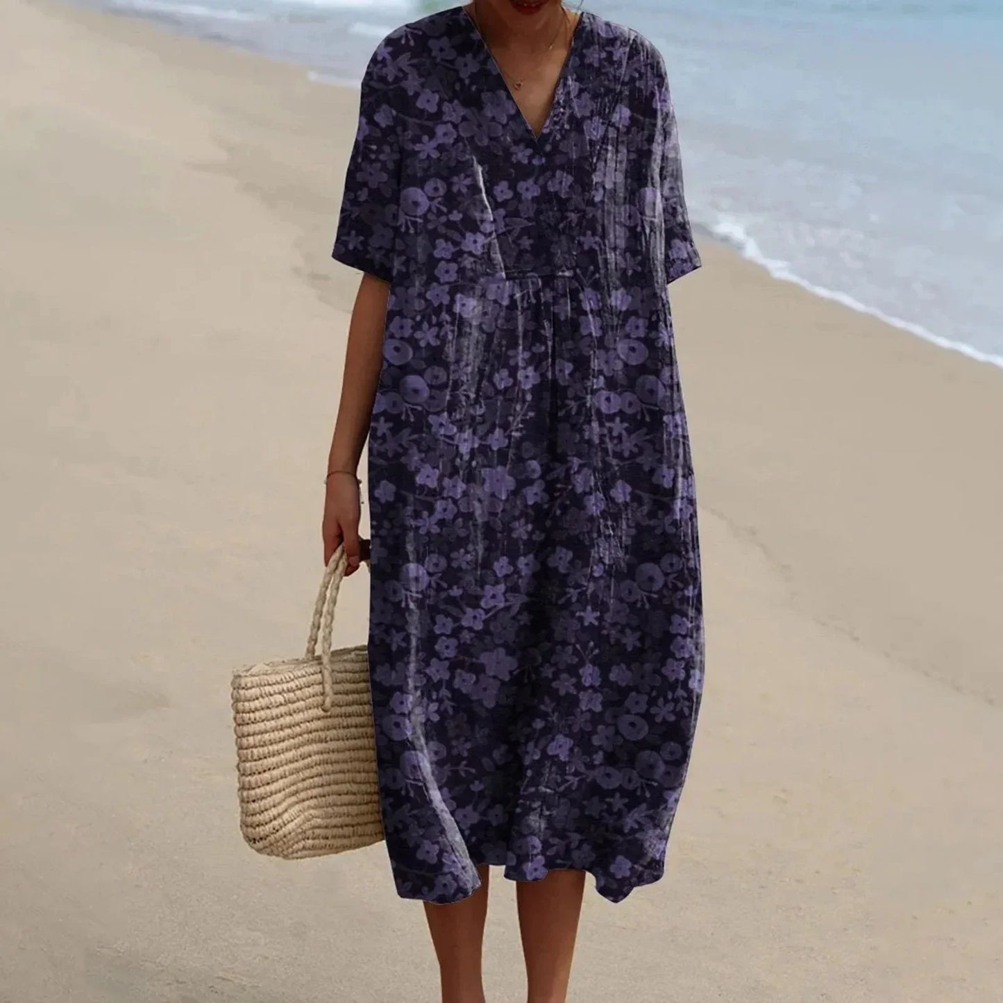 Women's Short-sleeved Floral Print Shirt Dress With Pocket