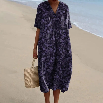 Women's Short-sleeved Floral Print Shirt Dress With Pocket