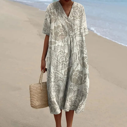 Women's Short-sleeved Floral Print Shirt Dress With Pocket