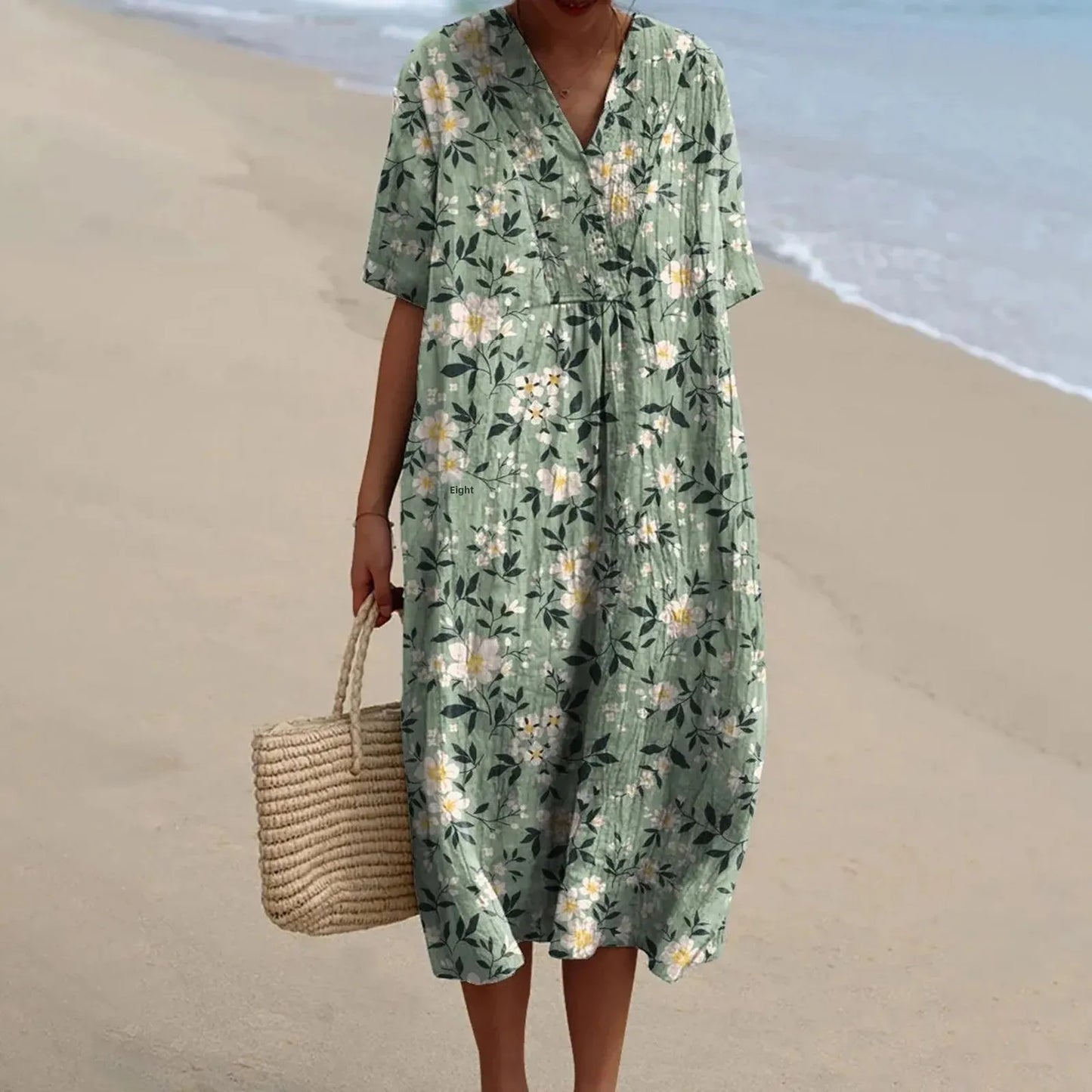 Women's Short-sleeved Floral Print Shirt Dress With Pocket