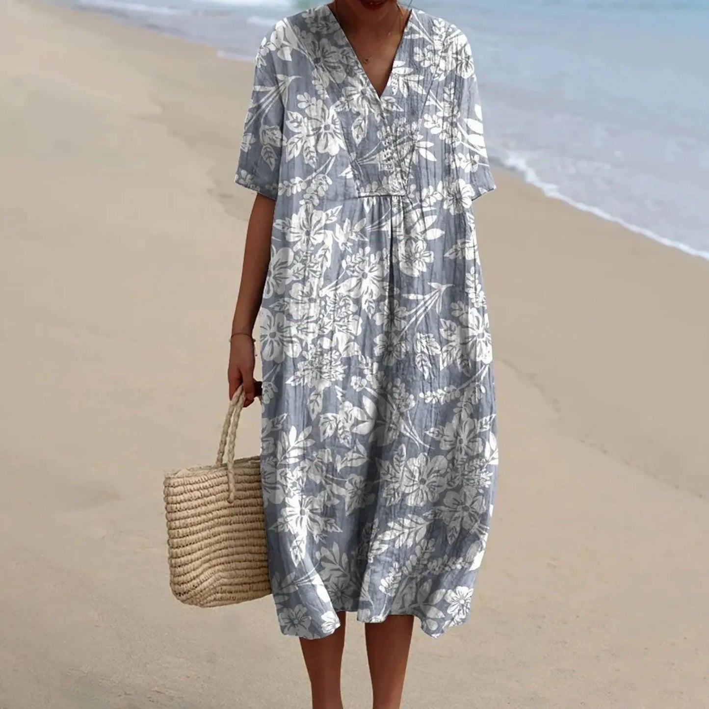 Women's Short-sleeved Floral Print Shirt Dress With Pocket