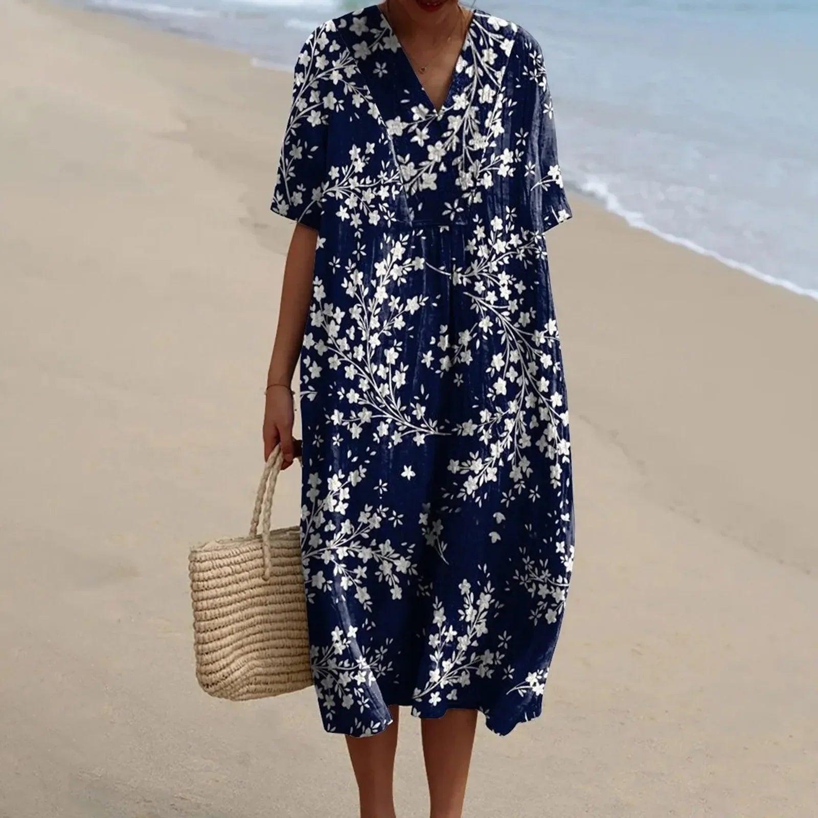 Women's Short-sleeved Floral Print Shirt Dress With Pocket