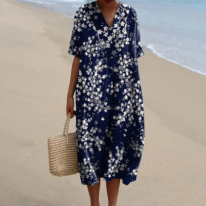 Women's Short-sleeved Floral Print Shirt Dress With Pocket