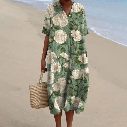 Women's Short-sleeved Floral Print Shirt Dress With Pocket