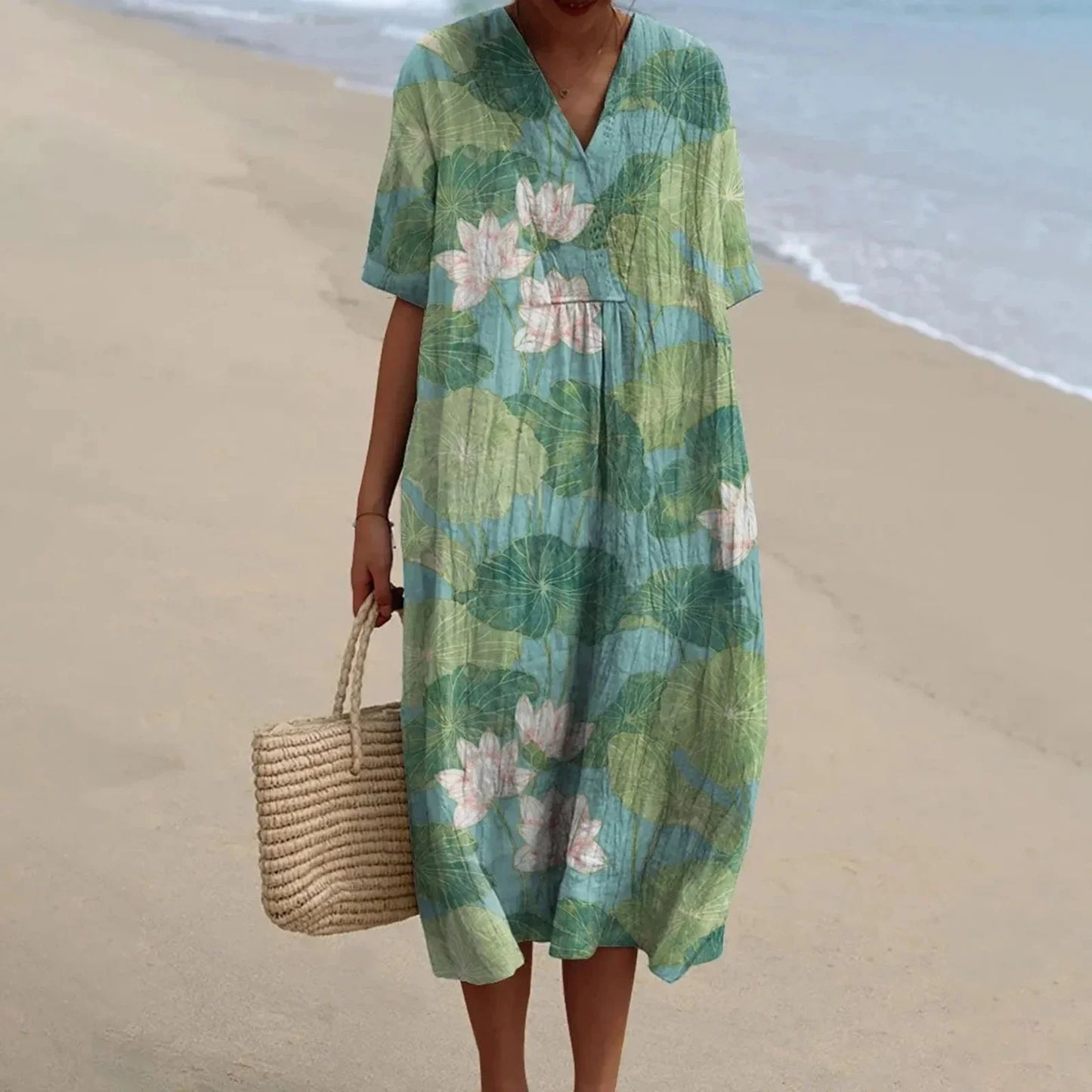 Women's Short-sleeved Floral Print Shirt Dress With Pocket