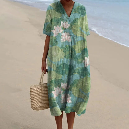Women's Short-sleeved Floral Print Shirt Dress With Pocket