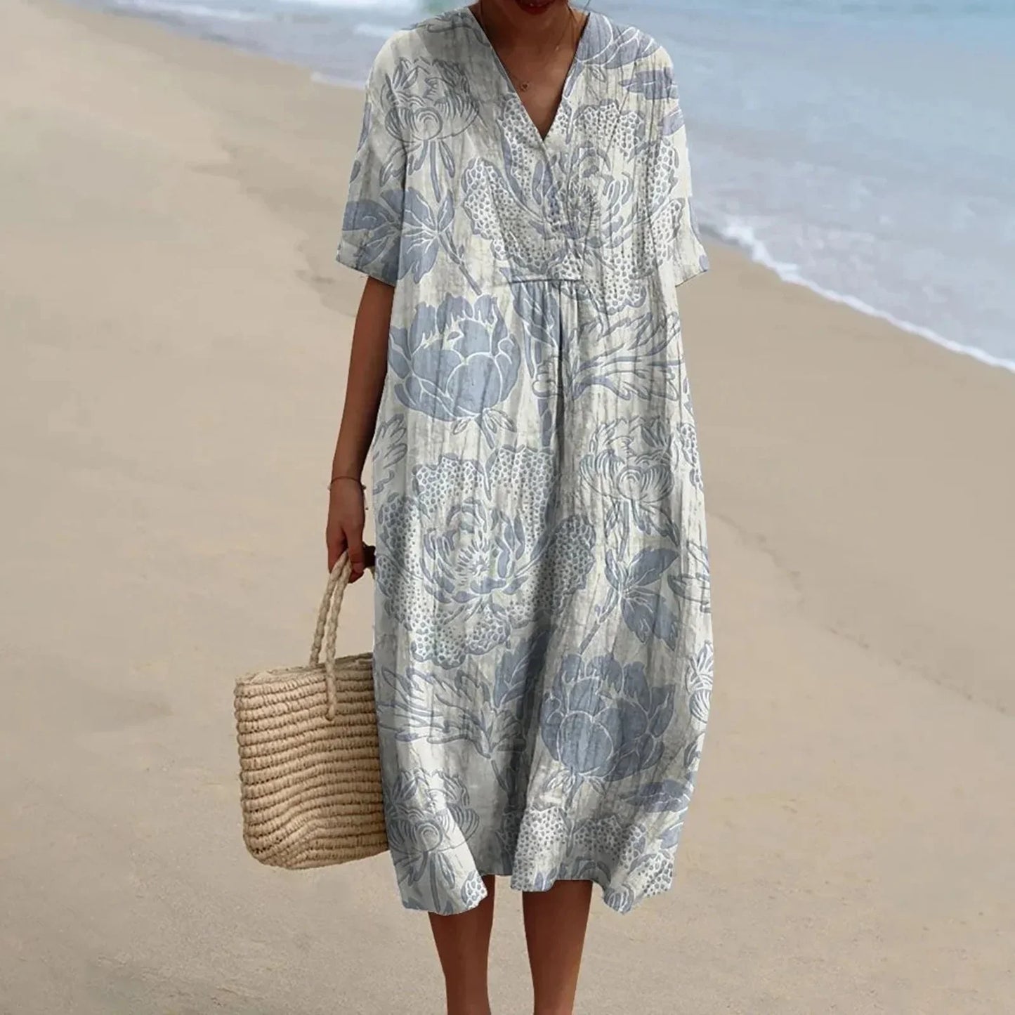 Women's Short-sleeved Floral Print Shirt Dress With Pocket