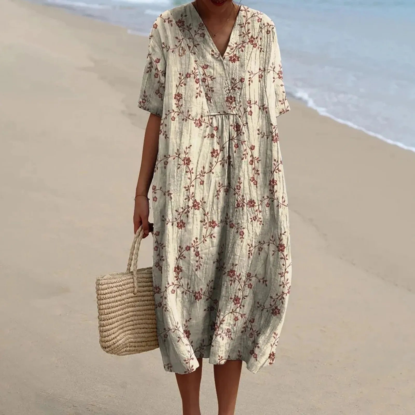 Women's Short-sleeved Floral Print Shirt Dress With Pocket
