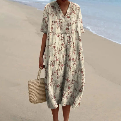 Women's Short-sleeved Floral Print Shirt Dress With Pocket