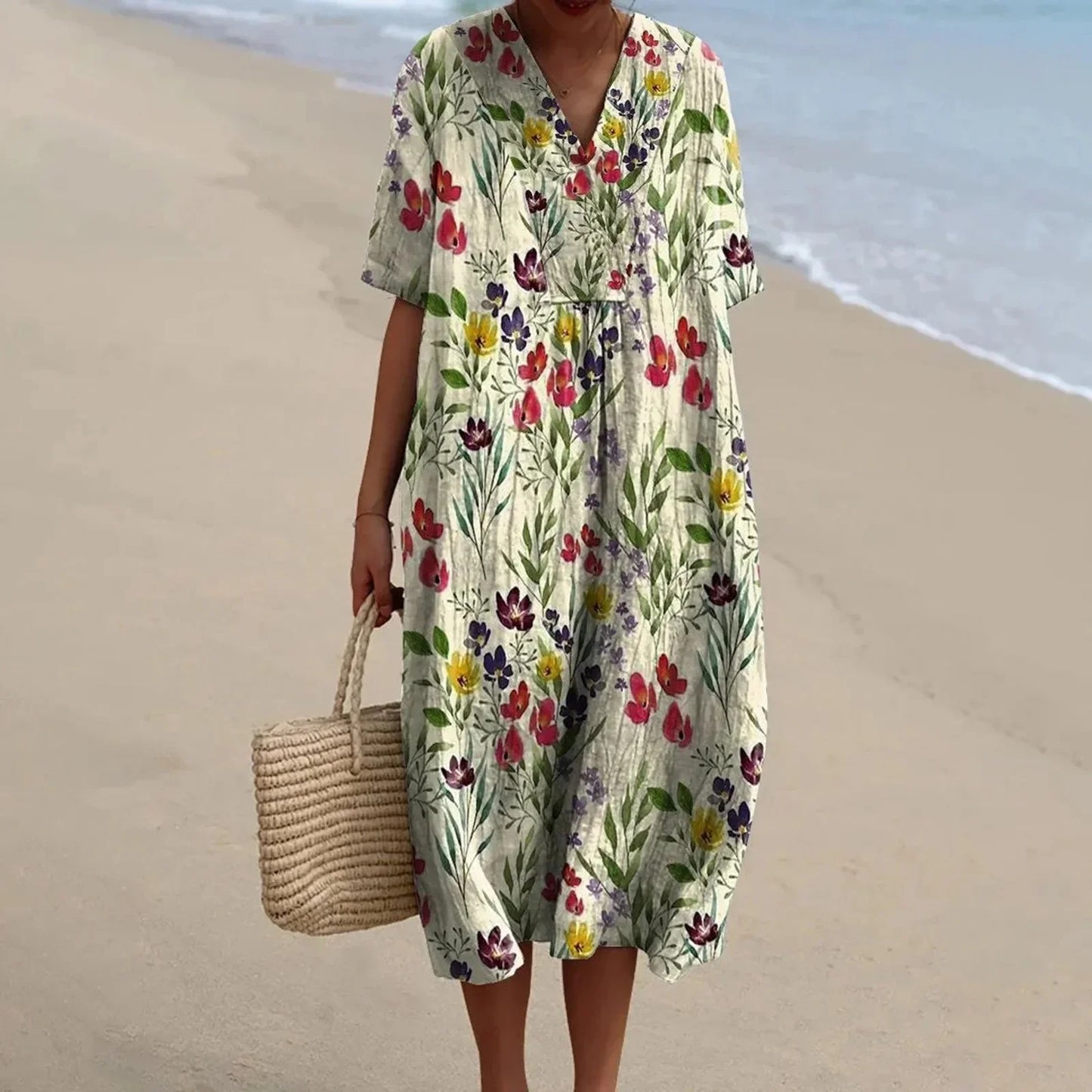 Women's Short-sleeved Floral Print Shirt Dress With Pocket