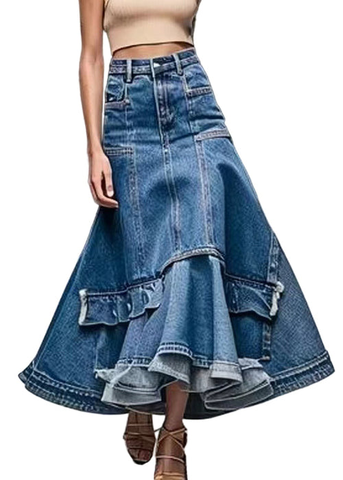 Women's Skirt Knee-length High Waist A-Line Denim with Patchwork Design