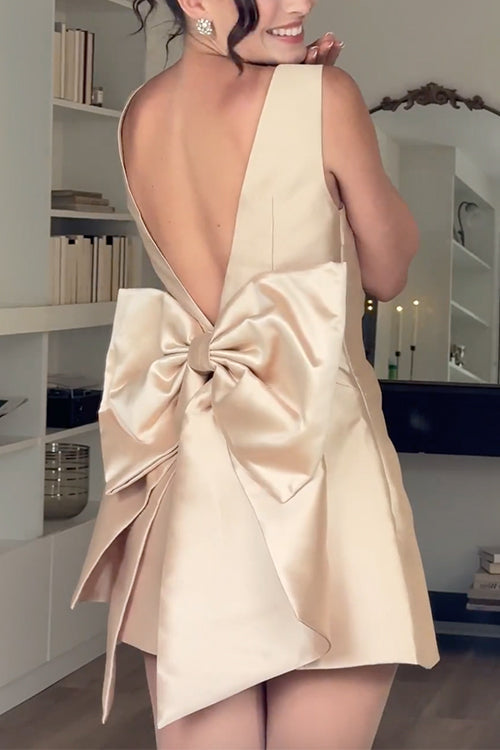 Women's Sleeveless Mini Party Dress with Bow Button