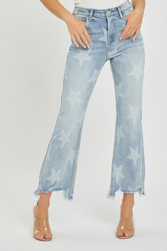 Women's Straight Jeans With Star Print High Waist
