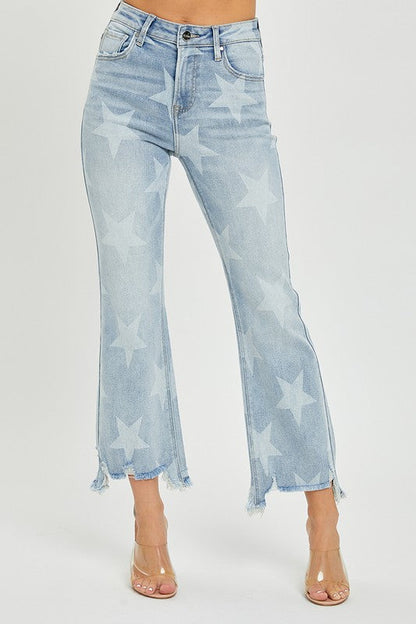 Women's Straight Jeans With Star Print High Waist