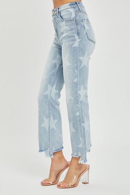 Women's Straight Jeans With Star Print High Waist