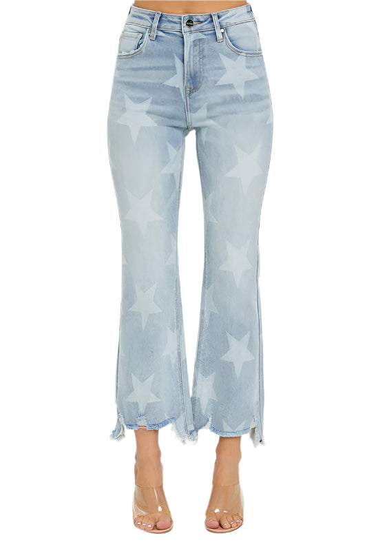 Women's Straight Jeans With Star Print High Waist
