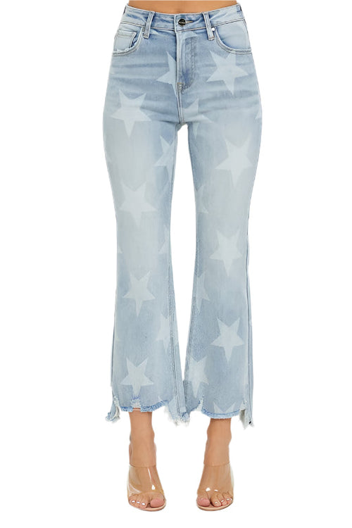 Women's Straight Jeans With Star Print High Waist