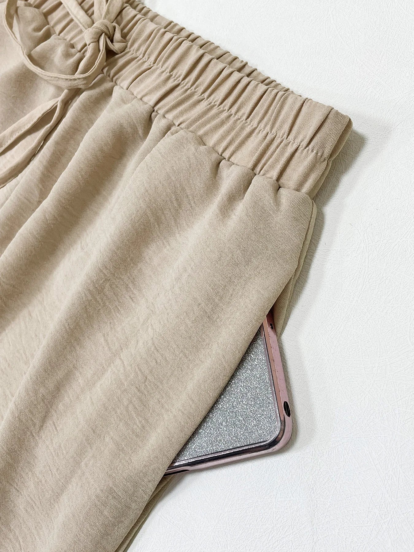 Women's Straight Trousers With Bow Front Elastic Waist High Quality Fabric