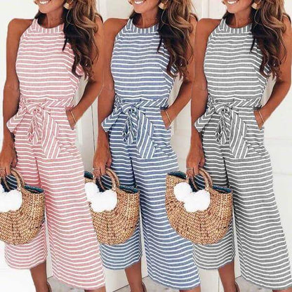 Women's Striped Waist Belt Wide Leg Jumpsuit