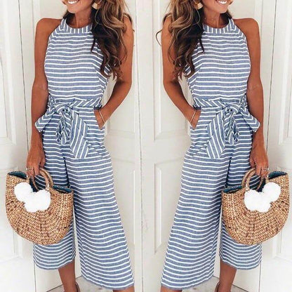 Women's Striped Waist Belt Wide Leg Jumpsuit
