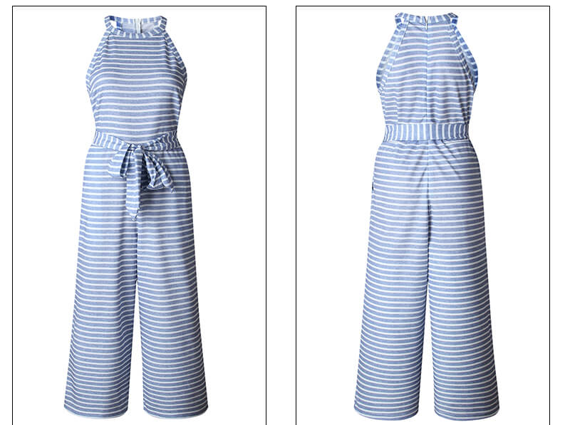 Women's Striped Waist Belt Wide Leg Jumpsuit