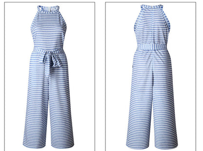 Women's Striped Waist Belt Wide Leg Jumpsuit