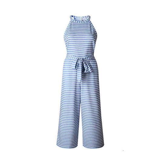 Women's Striped Waist Belt Wide Leg Jumpsuit