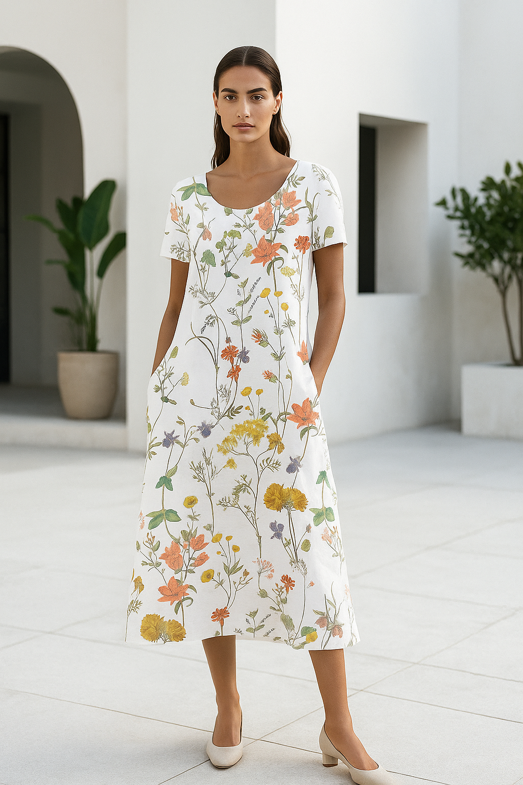 Women's Summer Dress Short Sleeves Floral Print Airy Mixed Fabric