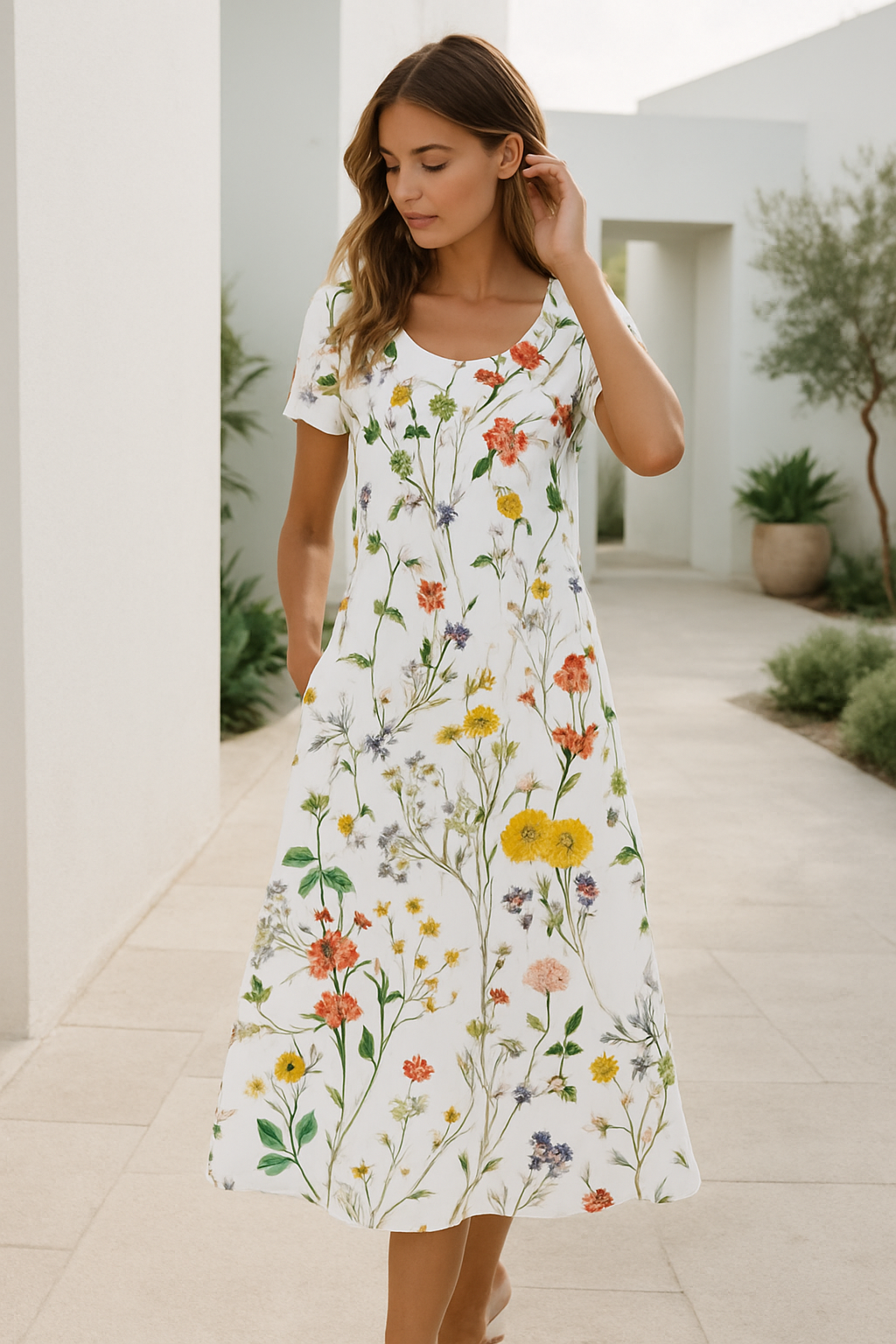 Women's Summer Dress Short Sleeves Floral Print Airy Mixed Fabric