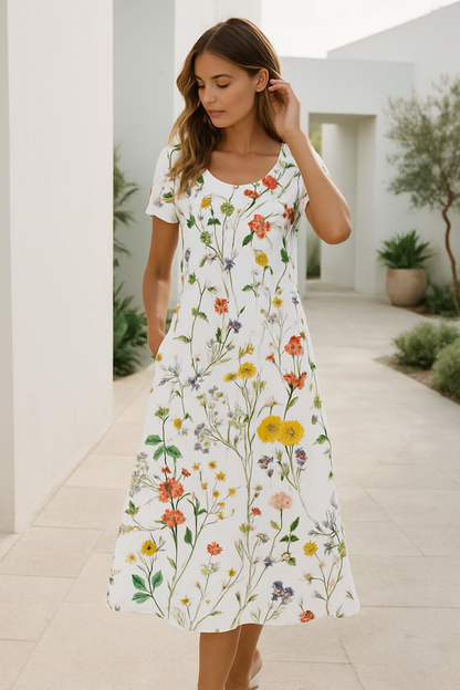 Women's Summer Dress Short Sleeves Floral Print Airy Mixed Fabric