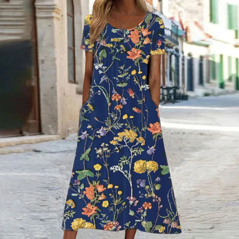 Women's Summer Dress Short Sleeves Floral Print Airy Mixed Fabric