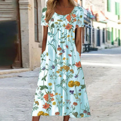 Women's Summer Dress Short Sleeves Floral Print Airy Mixed Fabric