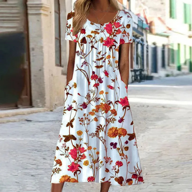 Women's Summer Dress Short Sleeves Floral Print Airy Mixed Fabric