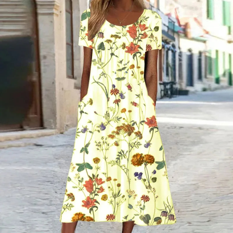 Women's Summer Dress Short Sleeves Floral Print Airy Mixed Fabric