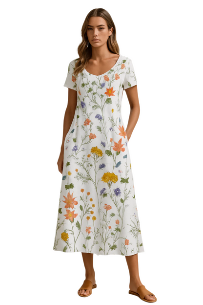 Women's Summer Dress Short Sleeves Floral Print Airy Mixed Fabric